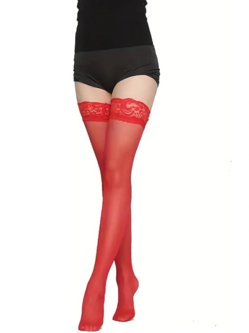 💞 New Sheer Red Floral Lace Top Thigh High Nylon Stockings